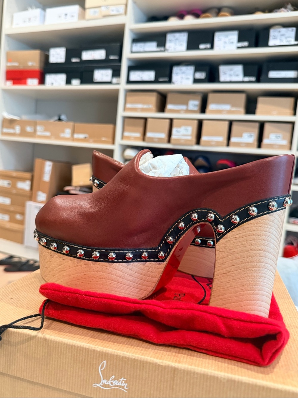 Christian Louboutin Burgundy Leather Studded Platform Clog - Picture 4 of 8